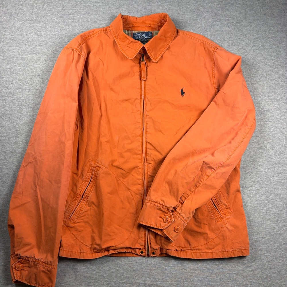 Polo Ralph Lauren Harrington Jacket Large Orange Cotton Plaid Lined Loop Collar